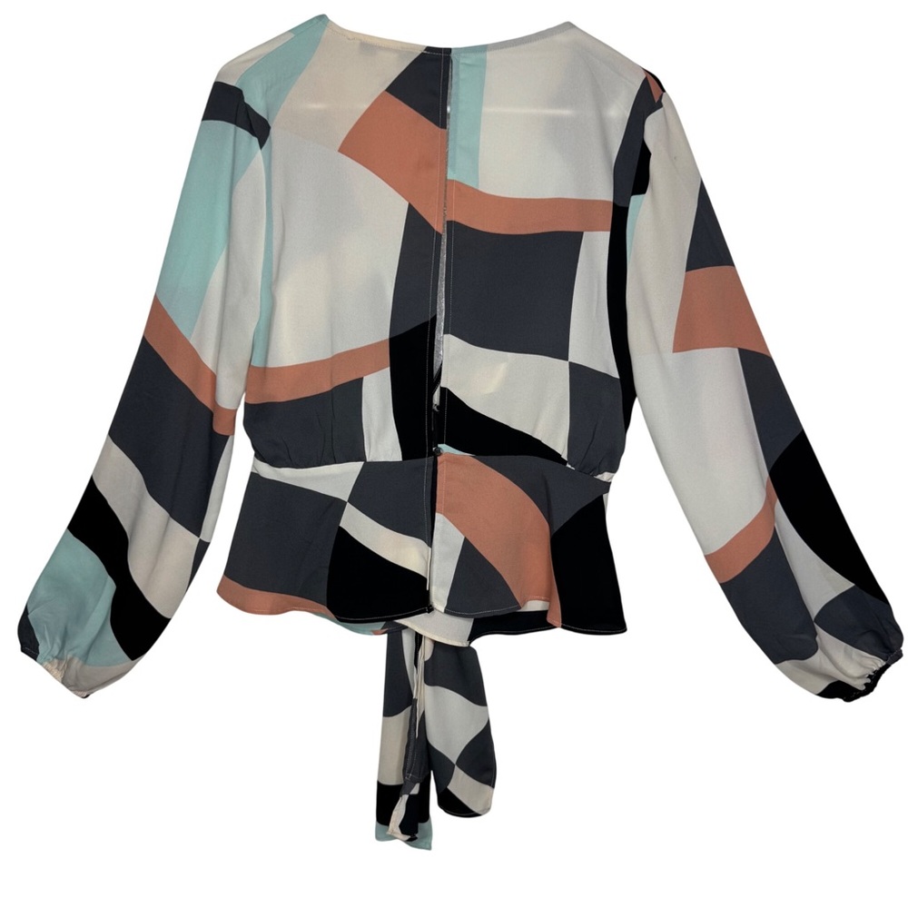 Forever 21 Geometric Color block Puff sleeves y2k baby doll Open back top sz L - Picture 3 of 9